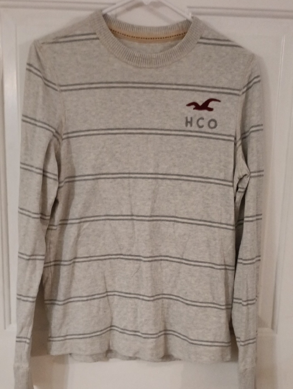 Hollister Light Gray Striped Long Sleeve Tee with Maroon Logo